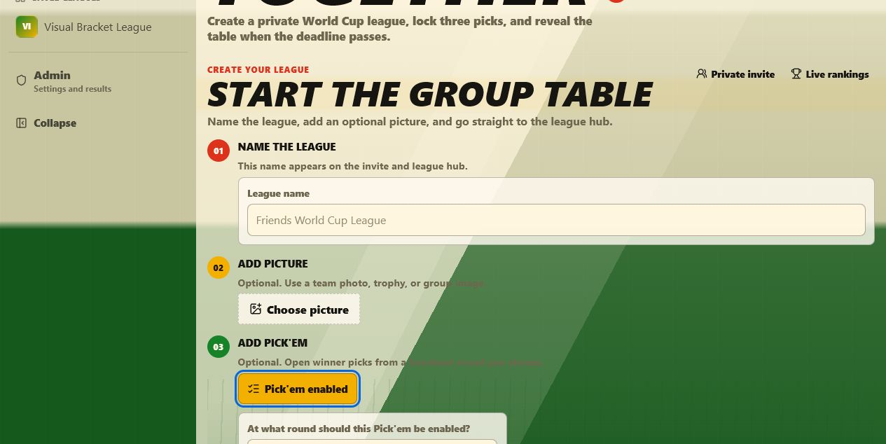 Create League form showing the league name, image picker, and Pick'em option.
