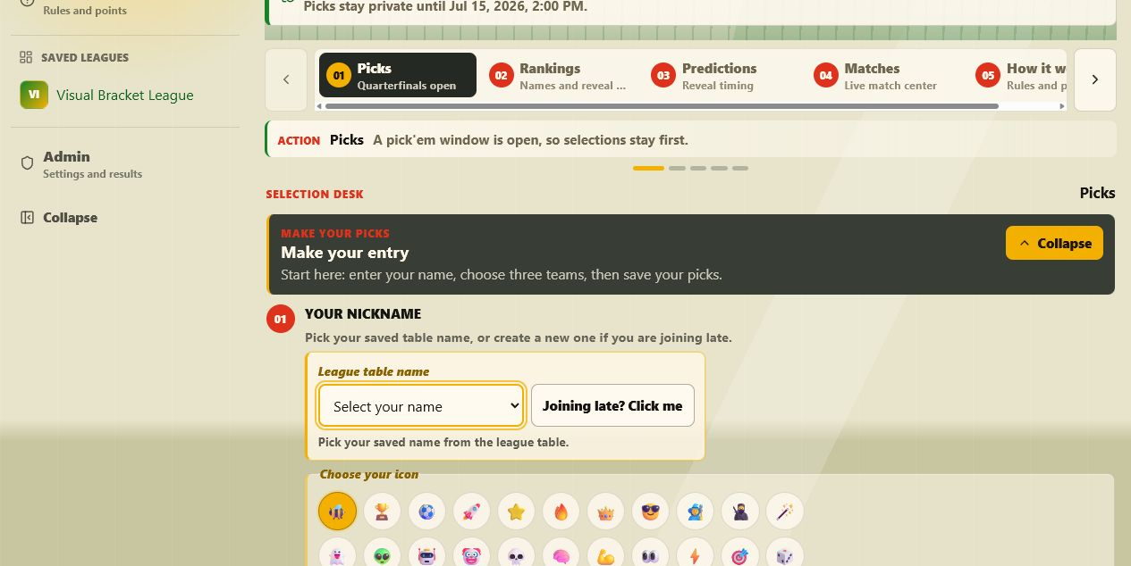 Organizer-managed beta entries with four team selectors.